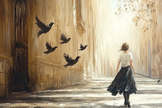 Tablou Canvas - Fata cu stol de pasarile