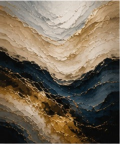 Tablou abstract valuri albastre cu creste aurii pictura in straturi