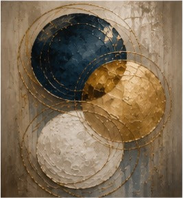 Tablou abstract cercuri suprapuse albastru auriu si alb