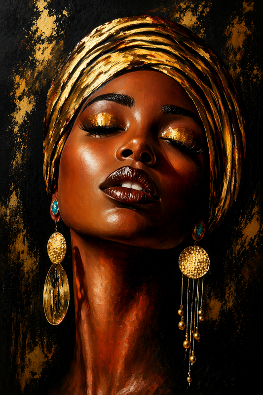 Tablou decorativ - Femeie Africana cu Turban Auriu – Canvas, Sticla sau Aluminiu