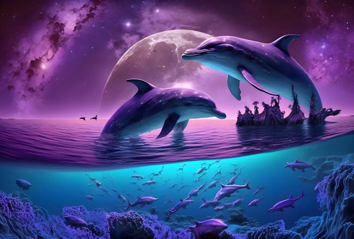 Tapet textil pentru camera copilului "Dolphins in the night" - 1,5 X 2,2 m