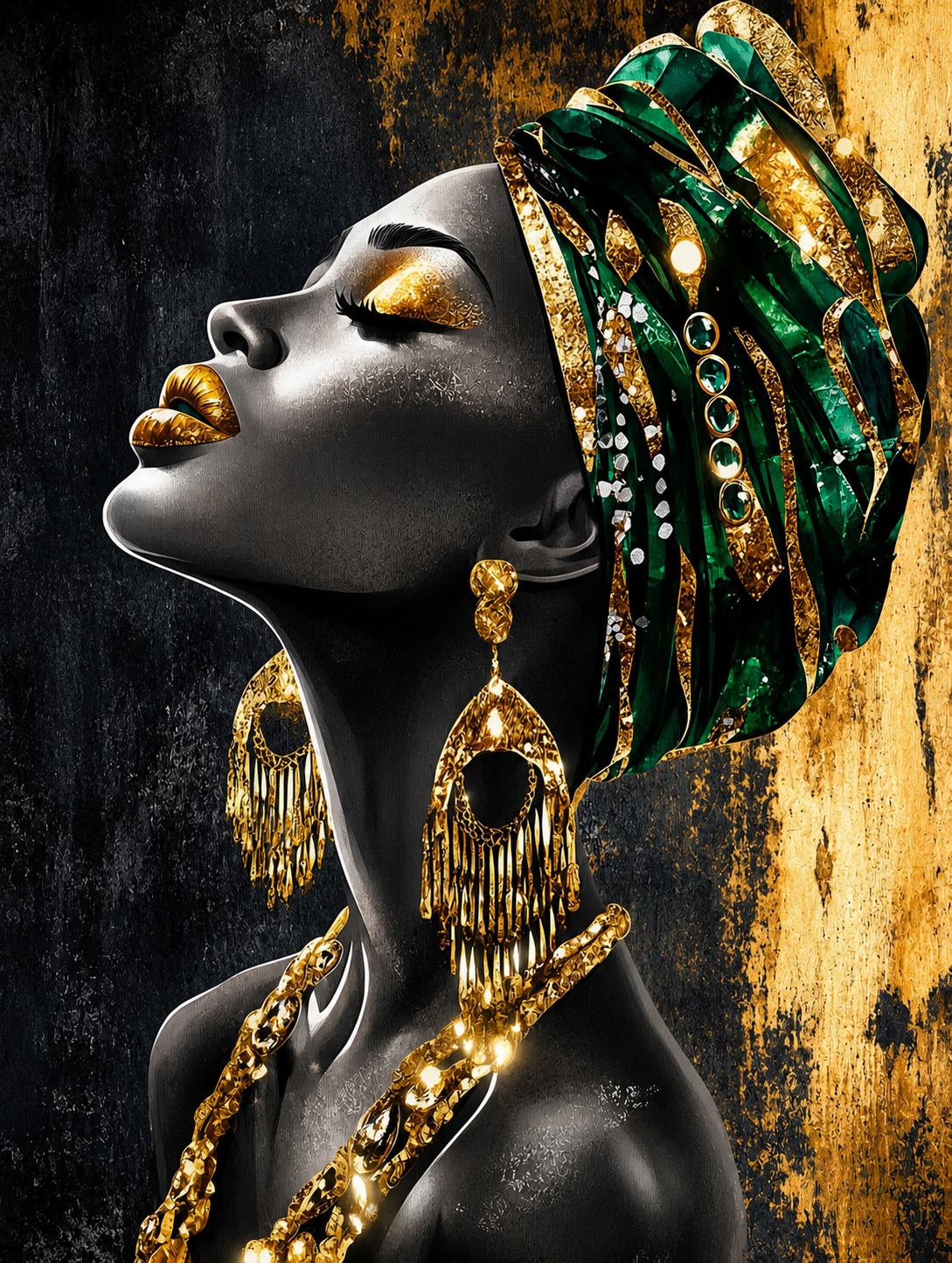 Tablou decorativ - Femeie Africana cu Turban Turcoaz Auriu