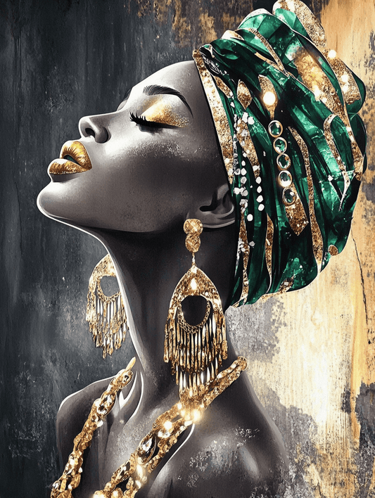 Tablou Canvas - Femeie Africana cu Turban Turcoaz Aurii