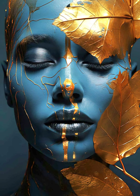 Tablou Canvas - Frunze Ruginii pe Chip Feminin Albastru