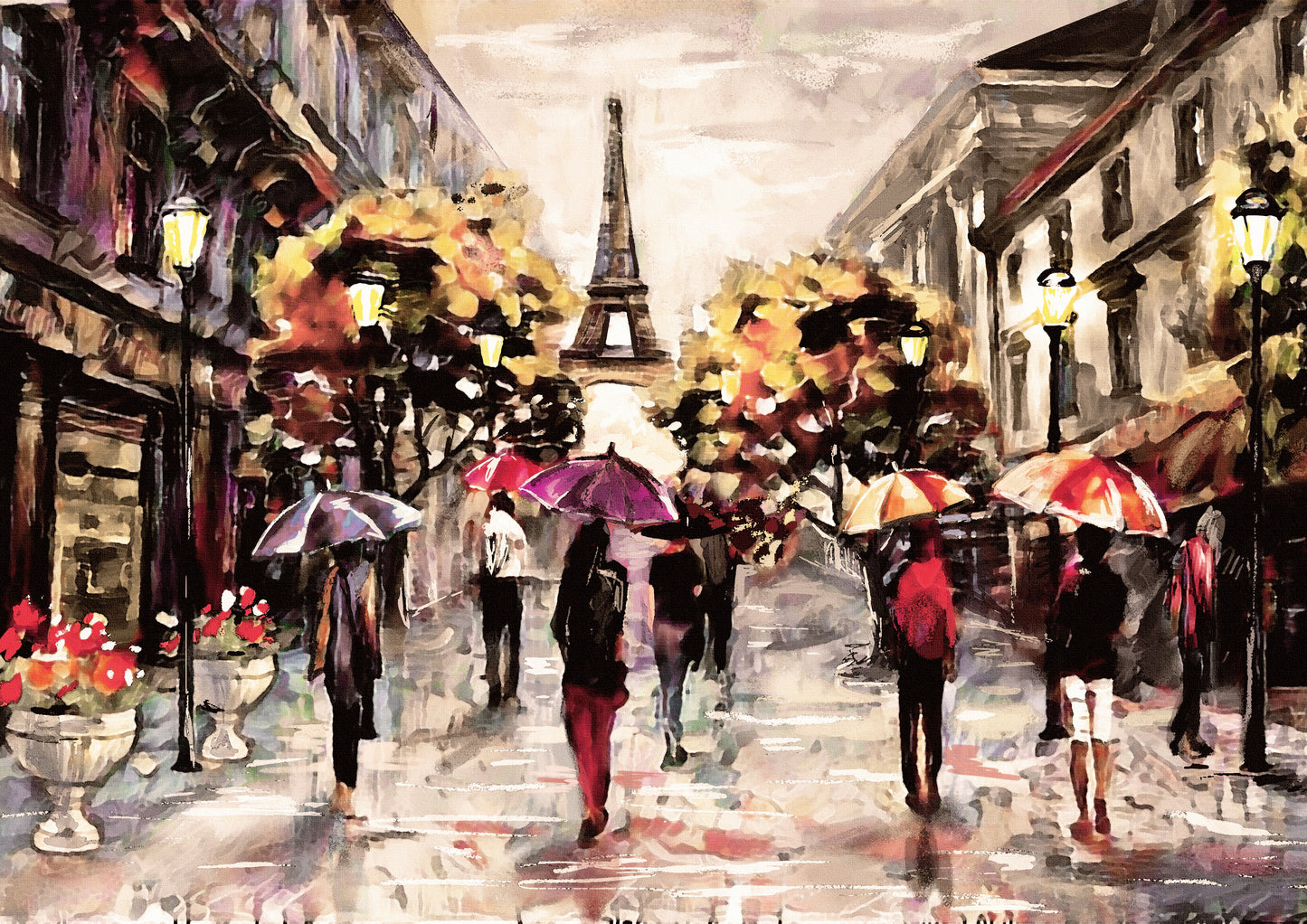 Tablou decorativ cu strada veche colorata si cuplu cu umbrela rosie