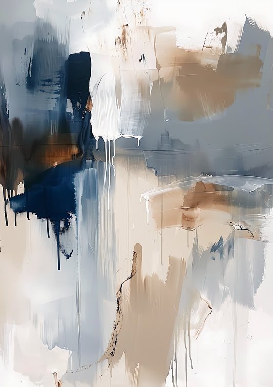 Tablou abstract fluid indigo si bej cu scurgeri de vopsea