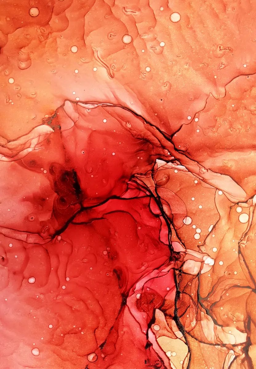 Tablou Canvas - Abstract Pelicule Cerneala Nuante Rosu si Insertii Negre