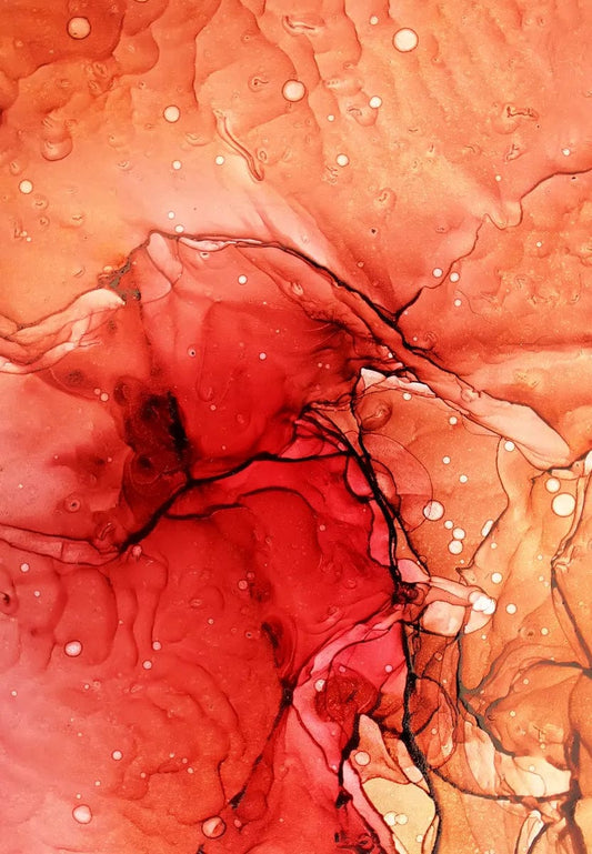 Tablou Canvas - Abstract Pelicule Cerneala Nuante Rosu si Insertii Negre