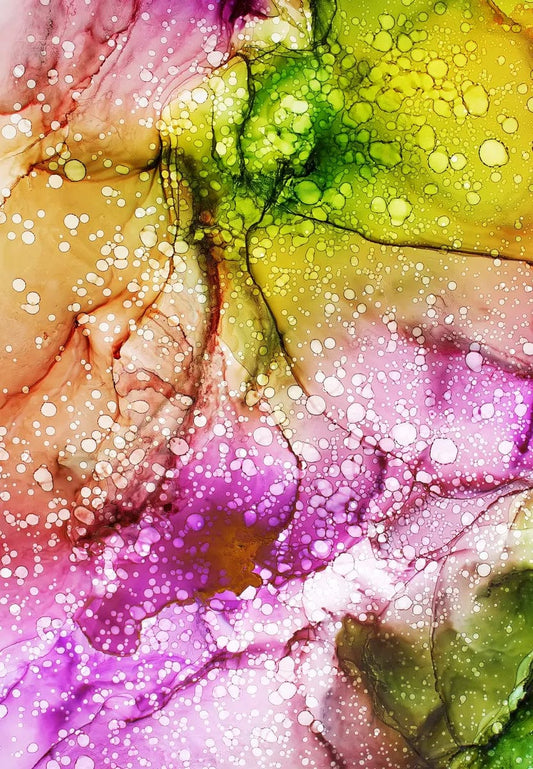 Tablou Canvas - Abstract pelicule cerneala nuante Verde, Mov si Galben