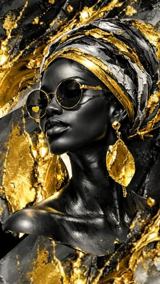 Tablou femeie africană cu turban și ochelari de aur pe fundal de marmură negru cu vene aurii