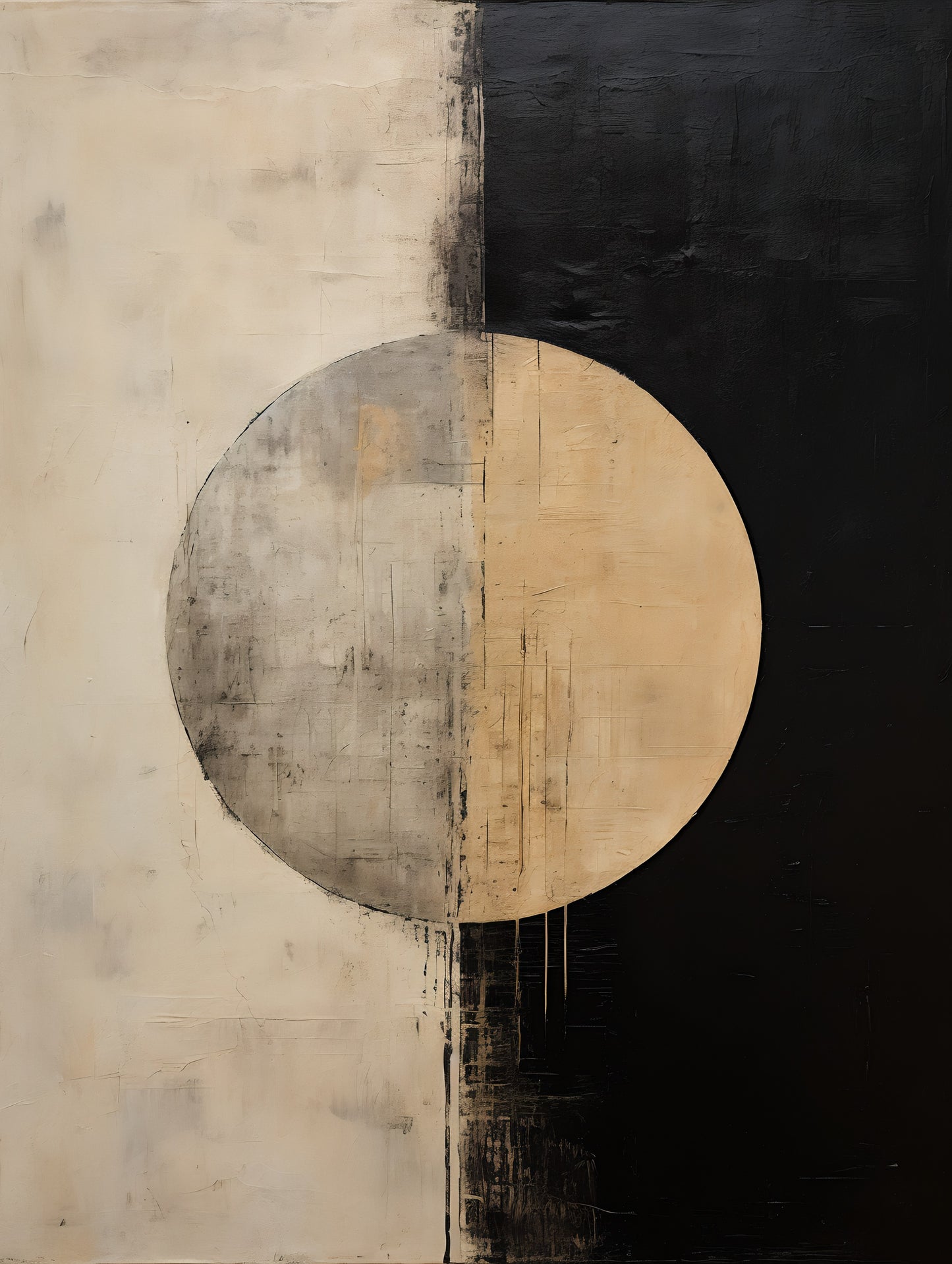 Tablou abstract minimalist cu cerc bej si negru