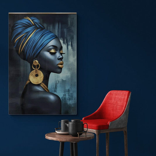 Tablou Canvas - Femeie Africa cu Turban Albastru Elegant