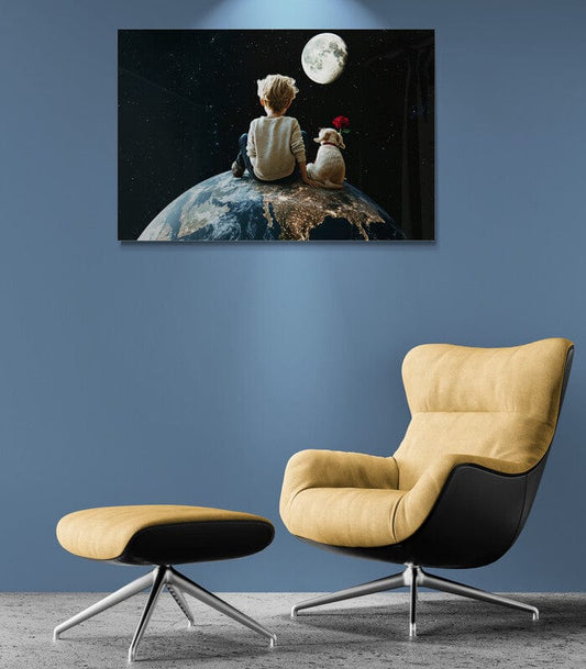 Tablou Canvas - Copil si Catel pe Glob