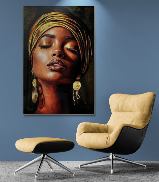 Tablou Canvas - Femeie Africana cu Turban Auriu