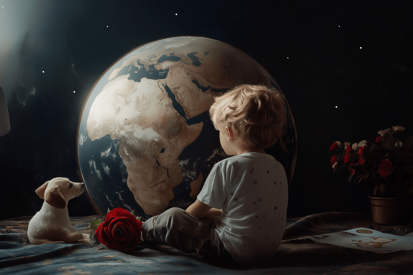 Tablou Canvas - Copil, catel, un trandafir