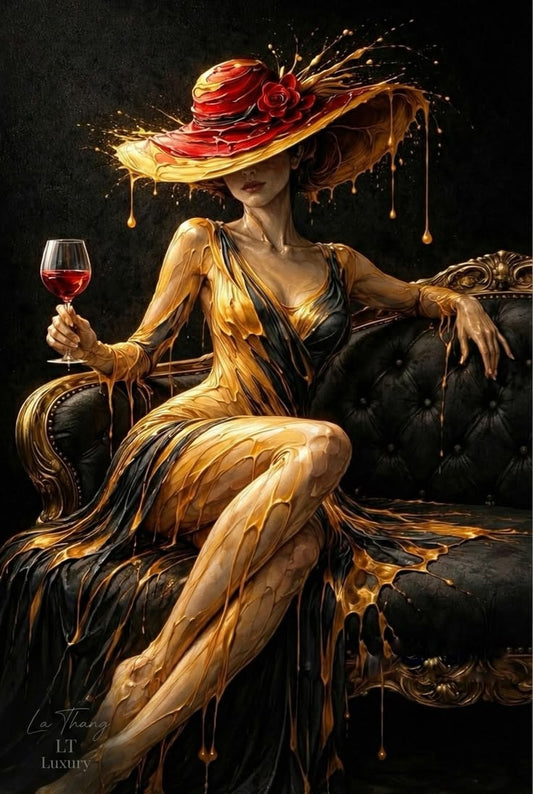 Tablou femeie elegantă cu pălărie roșie și rochie de aur, cu pahar de vin, pe canapea de lux