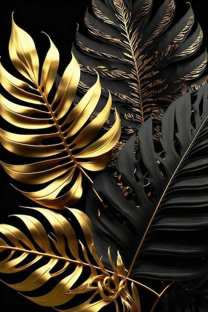 Tablou decorativ Frunze de aur - frunze tropicale aurii pe fundal negru
