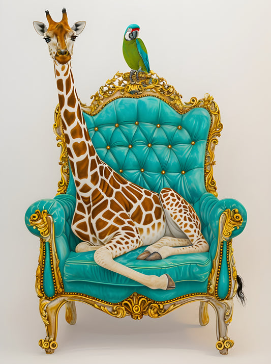 Tablou decorativ - Girafa pe fotoliul turcoaz