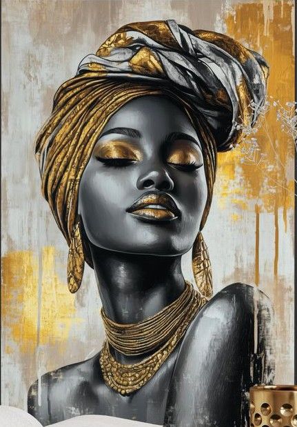 Tablou decorativ Gratie africana - portret cu turban auriu pe fundal patinat