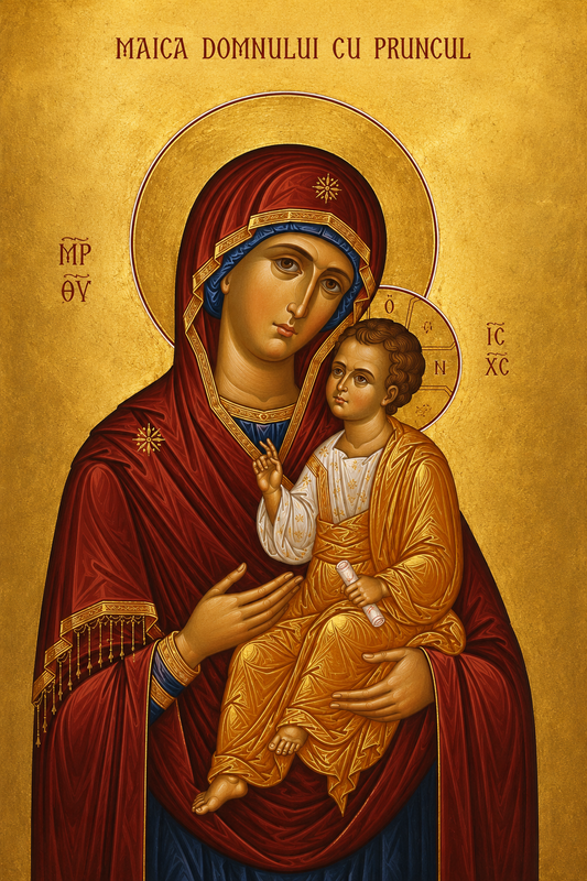 Icoana Maica Domnului cu Pruncul Iisus - stil bizantin pe fundal auriu
