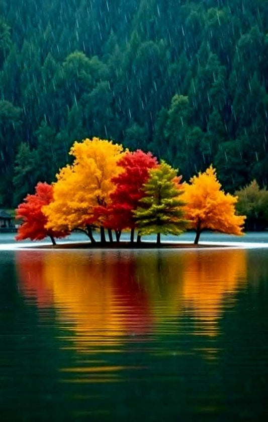 Tablou insulă cu copaci de toamnă colorați reflectați în lac sub ploaie