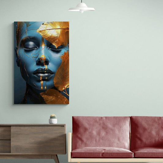 Tablou Canvas - Frunze Ruginii pe Chip Feminin Albastru