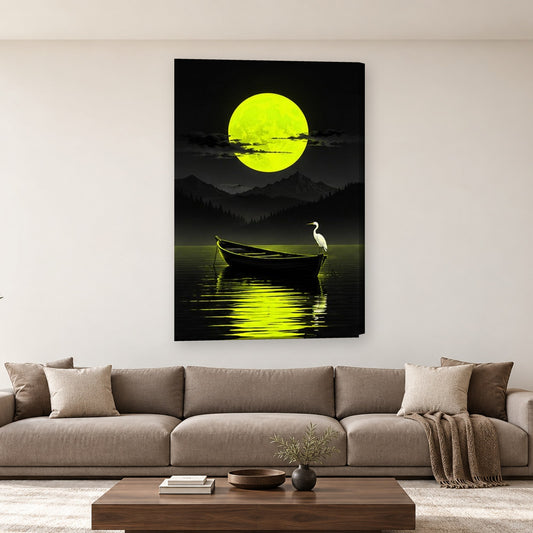 Tablou decorativ - Barca cu egreta sub luna verde pe perete, in camera - Zibo.ro