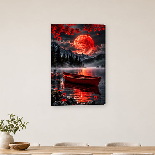 Tablou decorativ - Barca singuratica sub luna rosie pe perete, in camera - Zibo.ro
