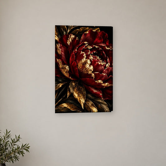 Tablou decorativ - Bujor rosu si auriu pe perete, in camera - Zibo.ro