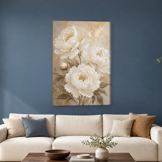 Tablou decorativ - Bujori Albi si Auriu pe perete, in camera - Zibo.ro