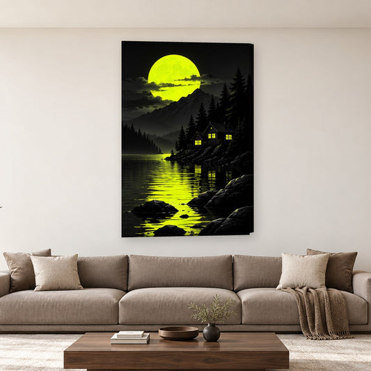 Tablou decorativ - Cabana de lac sub luna verde pe perete, in camera - Zibo.ro