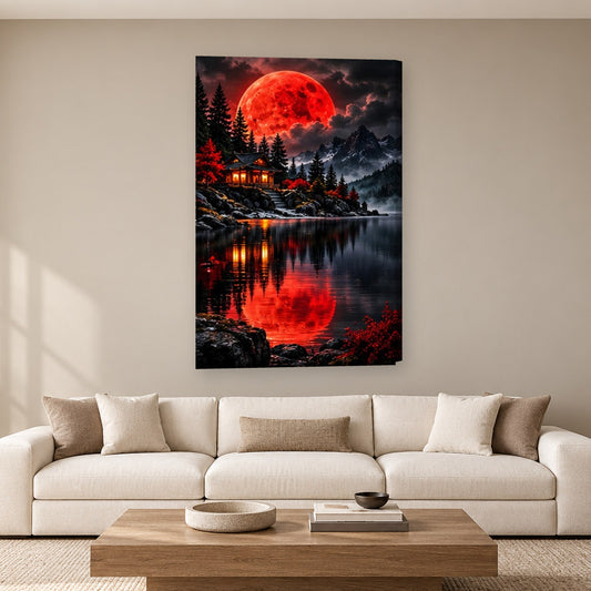 Tablou decorativ - Casa luminata sub luna rosie pe perete, in camera - Zibo.ro