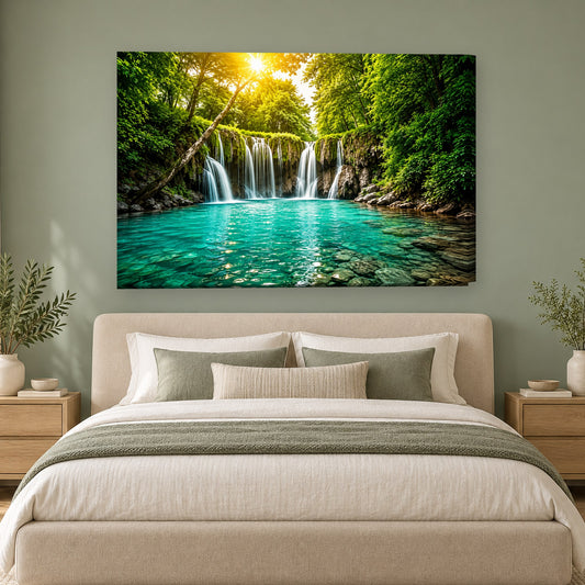 Tablou decorativ - Cascada cu apa turcoaz pe perete, in camera - Zibo.ro