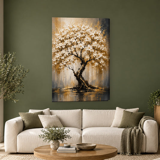 Tablou decorativ - Copacul inflorit in aur pe perete, in camera - Zibo.ro