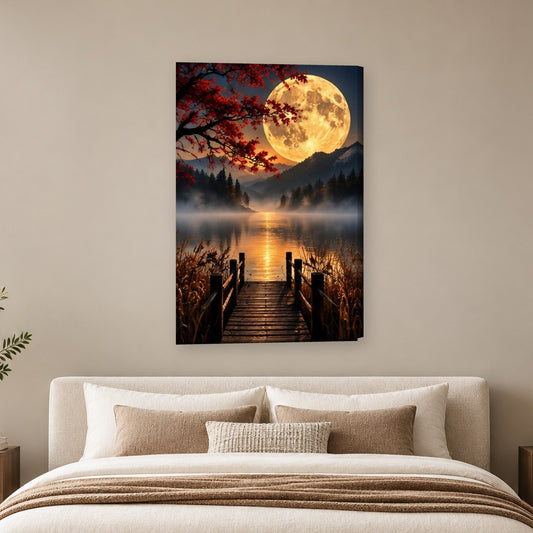 Tablou decorativ - Debarcader sub luna aurie pe perete, in camera - Zibo.ro