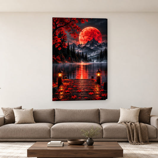 Tablou decorativ - Debarcader sub luna rosie pe perete, in camera - Zibo.ro