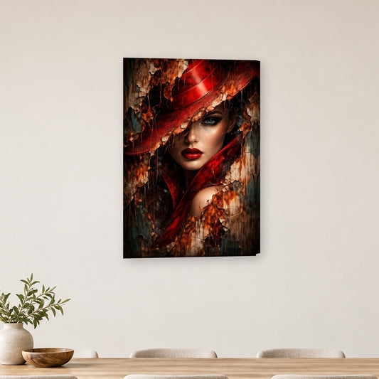 Tablou decorativ - Doamna cu palaria rosie pe perete, in camera - Zibo.ro
