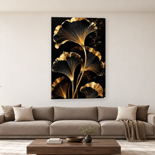 Tablou decorativ - Evantai de ginkgo auriu pe perete, in camera - Zibo.ro