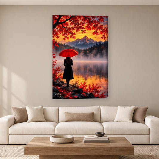 Tablou decorativ - Femeie cu umbrela rosie pe perete, in camera - Zibo.ro