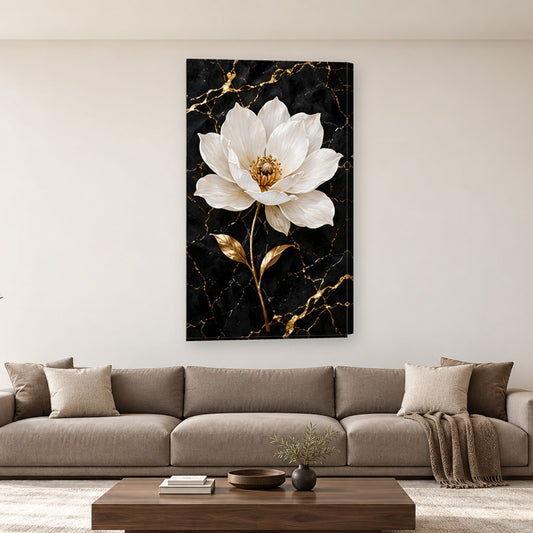 Tablou decorativ - Floare Alba pe Marmura Neagra pe perete, in camera - Zibo.ro