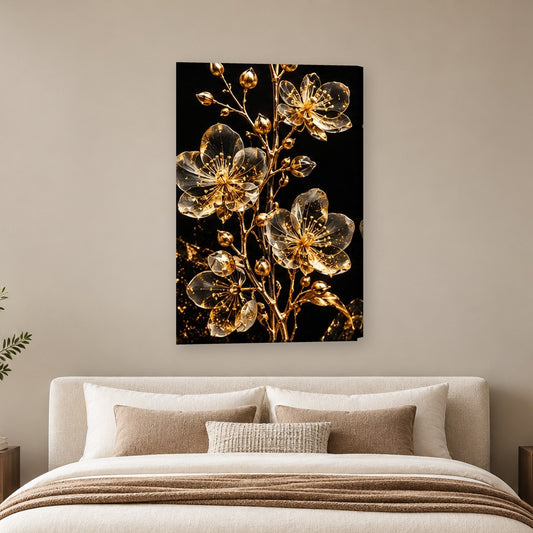 Tablou decorativ - Flori albe aurii pe perete, in camera - Zibo.ro
