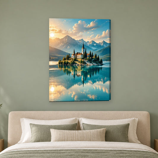 Tablou decorativ - Insula cu biserica si munti pe perete, in camera - Zibo.ro