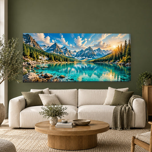 Tablou decorativ - Lac alpin cu raze de soare pe perete, in camera - Zibo.ro