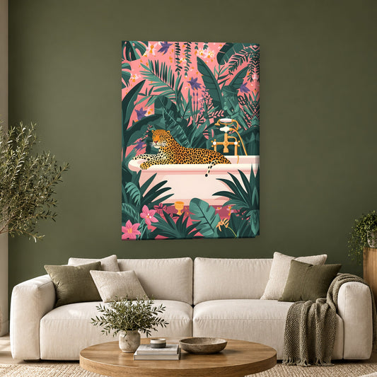 Tablou decorativ - Leopardul din cada roz pe perete, in camera - Zibo.ro