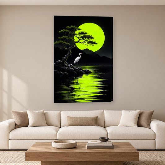 Tablou decorativ - Pin si egreta sub luna verde pe perete, in camera - Zibo.ro