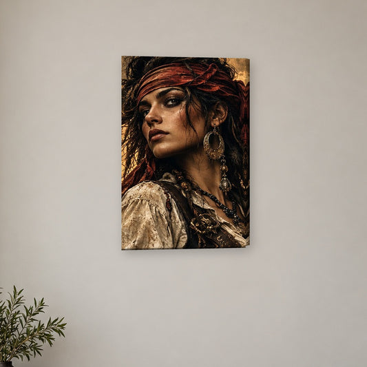 Tablou decorativ - Piratesa cu bandana rosie pe perete, in camera - Zibo.ro