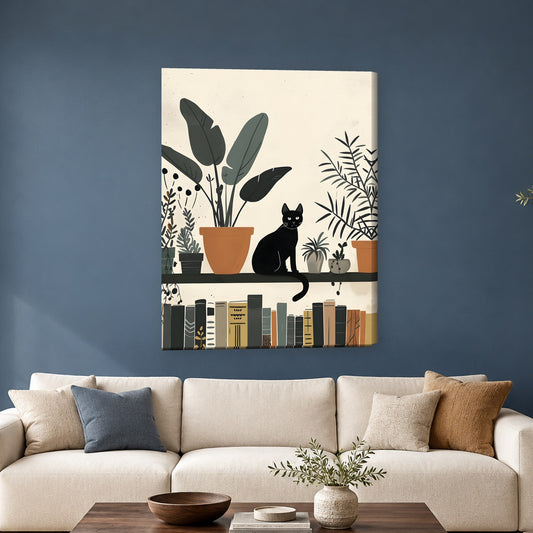 Tablou decorativ - Pisica neagra pe raftul cu carti pe perete, in camera - Zibo.ro
