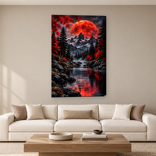 Tablou decorativ - Rau de munte sub luna rosie pe perete, in camera - Zibo.ro