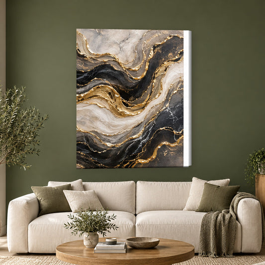 Tablou decorativ - Valuri de Marmura Neagra si Aur pe perete, in camera - Zibo.ro