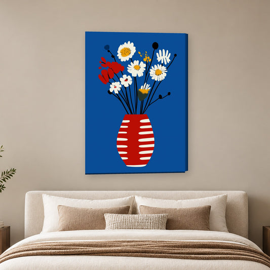 Tablou decorativ - Vaza cu margarete pe albastru pe perete, in camera - Zibo.ro